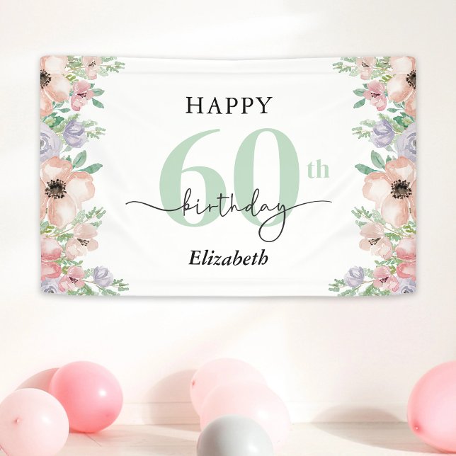 Elegant Pastel Floral 60th Birthday Party  Banner (Von Creator hochgeladen)
