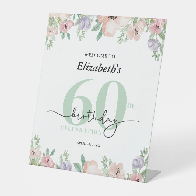 Elegant Pastel Floral 60th Birthday Party Welcome Sockelschild (Vorderseite)