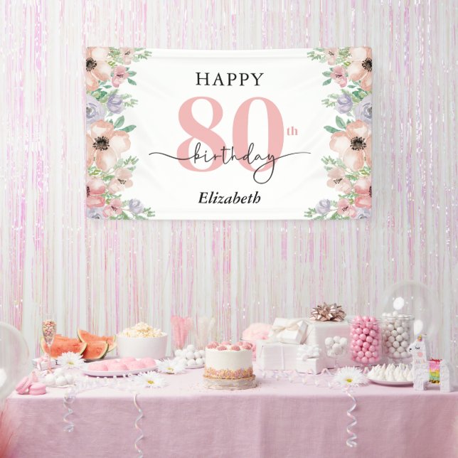 Elegant Pastel Floral 80th Birthday Party  Banner (Party)