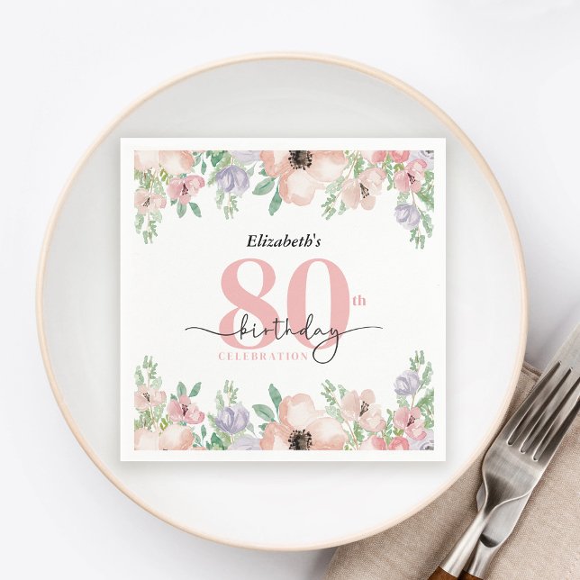 Elegant Pastel Floral 80th Birthday Party Serviette (Von Creator hochgeladen)