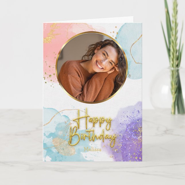 Elegant Pastel Gold Script Circle Photo Birthday Karte (Vorderseite)