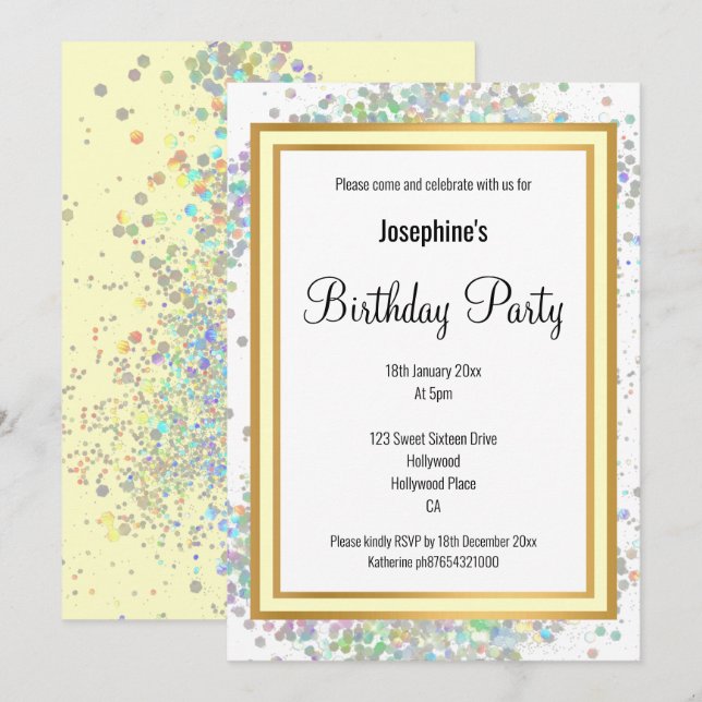 ELEGANT PASTEL HOLOGRAPHIC LEMON GOLD BIRTHDAY EINLADUNG (Vorne/Hinten)