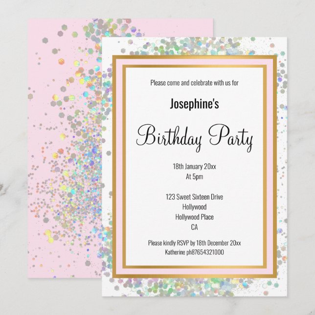 ELEGANT PASTEL HOLOGRAPHIC PINK GOLD GEBURTSTAG EINLADUNG (Vorne/Hinten)