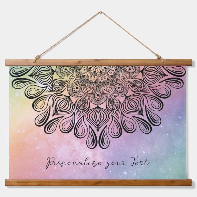 Elegant Pastel Mandala Trippy Psychedelic Hippie Wandteppich Mit Holzrahmen (Vorne)