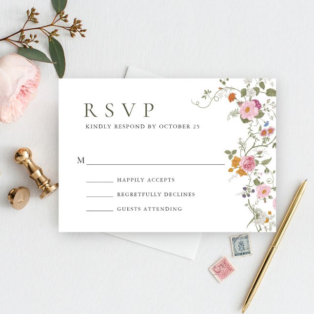 Elegant Pastel Pink Boho Wild Blume Hochzeit RSVP Karte (Von Creator hochgeladen)