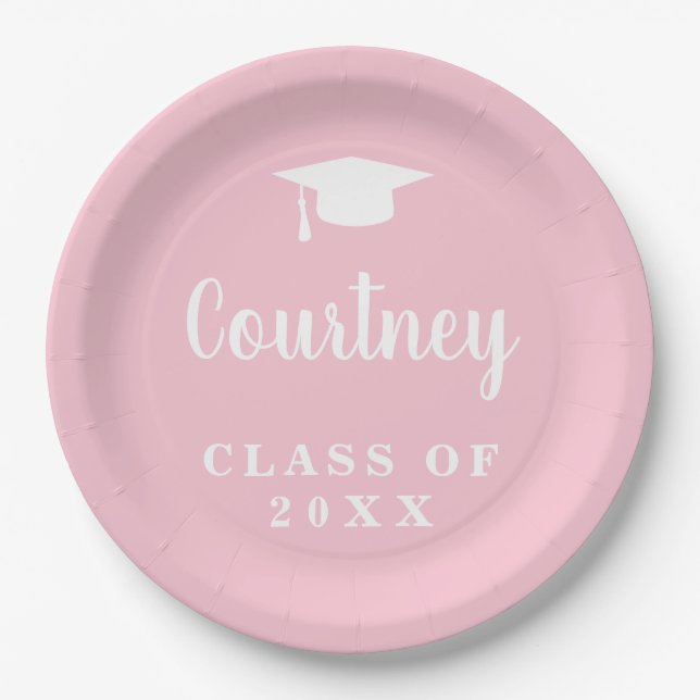 Elegant Pastel Pink Script Name Graduation Cap Pappteller (Vorderseite)