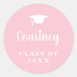 Elegant Pastel Pink Script Name Graduation Cap Runder Aufkleber