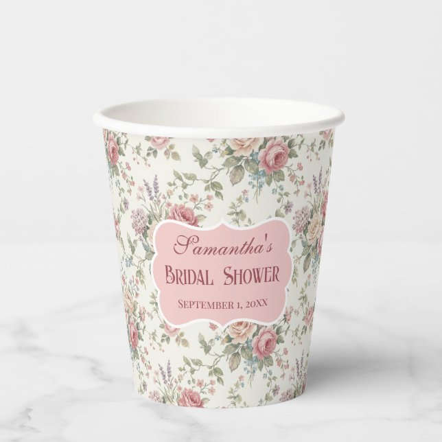 Elegant Pastel Roses Shabby Chic Bridal Shower Pappbecher (Vorderseite)