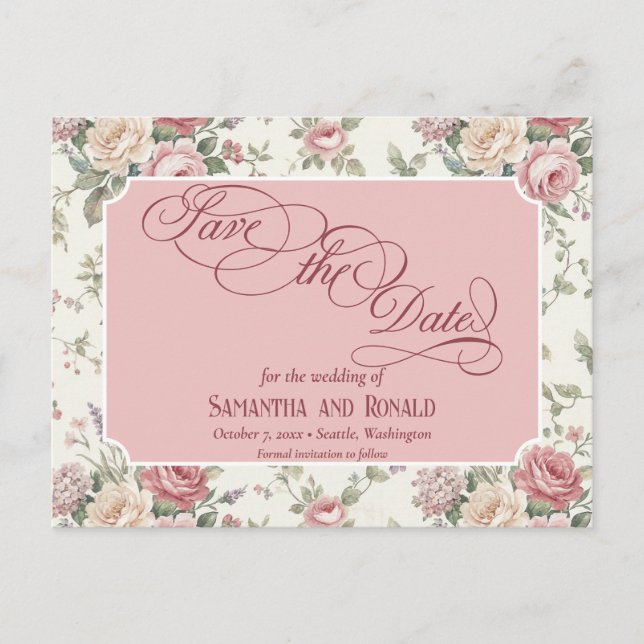 Elegant Pastel Roses Shabby Chic Wedding Ankündigungspostkarte (Vorderseite)