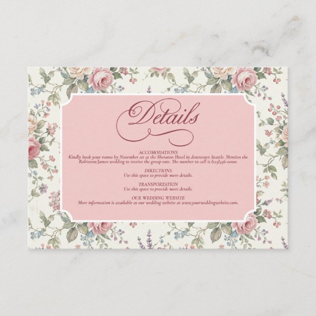 Elegant Pastel Roses Shabby Chic Wedding Begleitkarte (Vorderseite)
