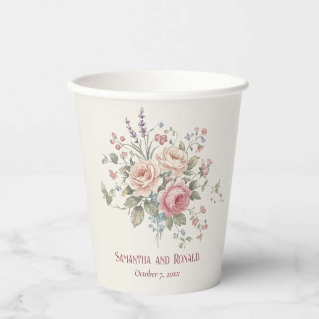 Elegant Pastel Roses Shabby Chic Wedding Pappbecher (Vorderseite)