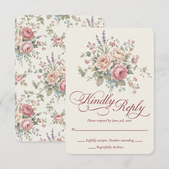 Elegant Pastel Roses Shabby Chic Wedding RSVP Card Karte (Vorne/Hinten)