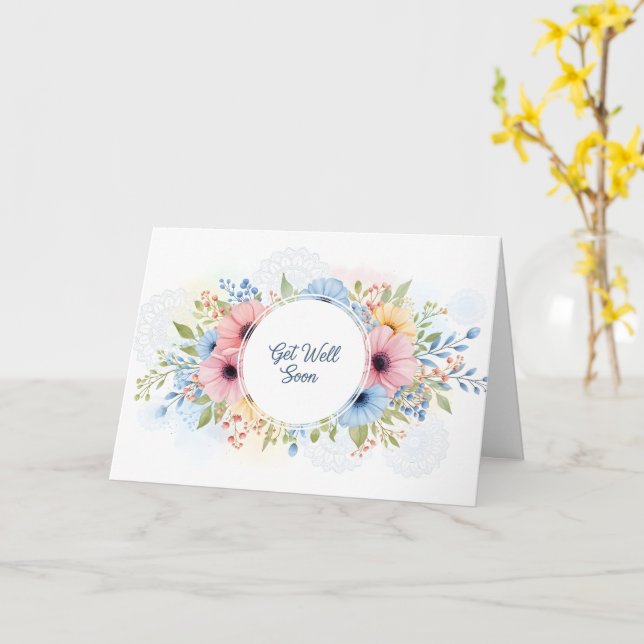Elegant Pastel Watercolor Floral "Get Well Soon"  Karte (Gelbe Blume)
