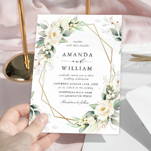 Elegant Pastel White Roses Eucalyptus Wedding Einladung