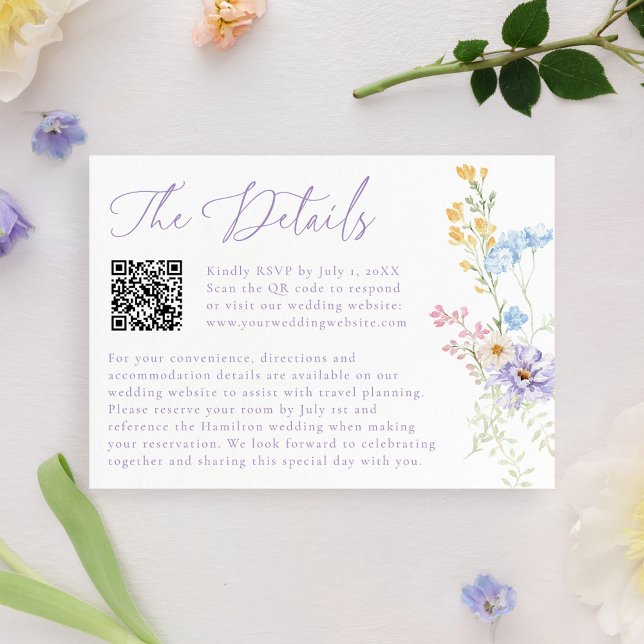 Elegant Pastel Wildflower QR Code Wedding Details Begleitkarte (Von Creator hochgeladen)