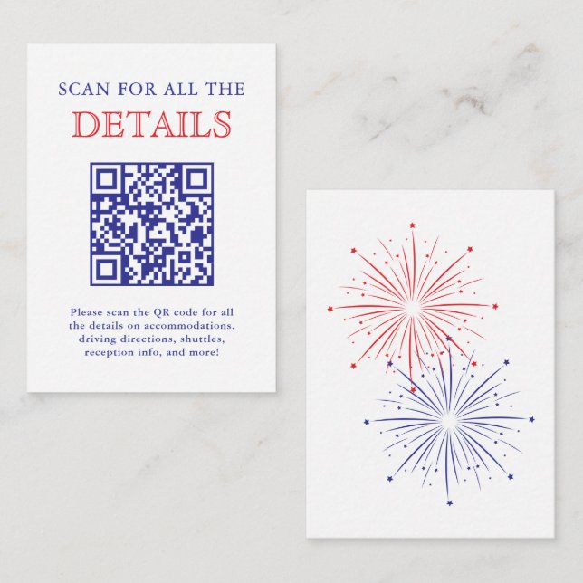 Elegant Patriotic Fireworks Wedding Detail QR Code Begleitkarte (Vorne/Hinten)