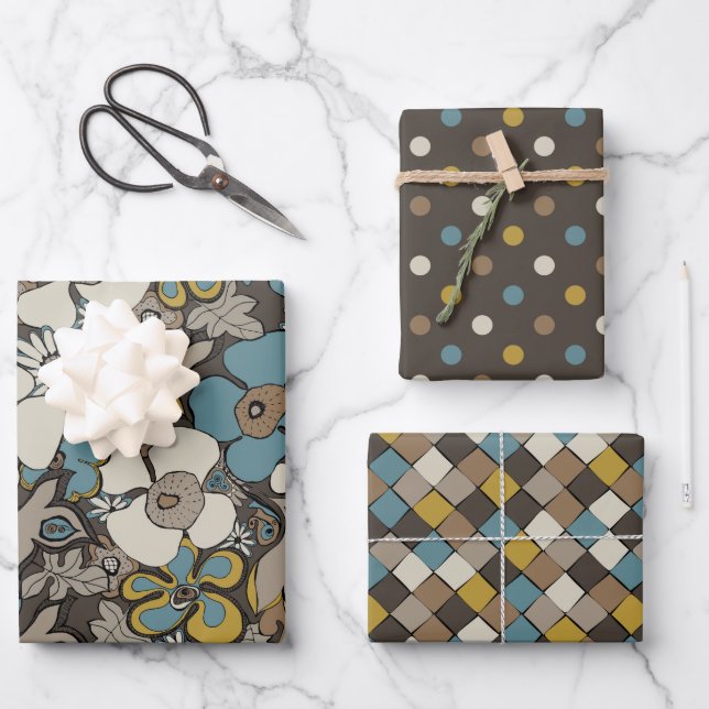 Elegant Patterns Blue Brown Mustard Beige  Geschenkpapier Set (Vorderseite)