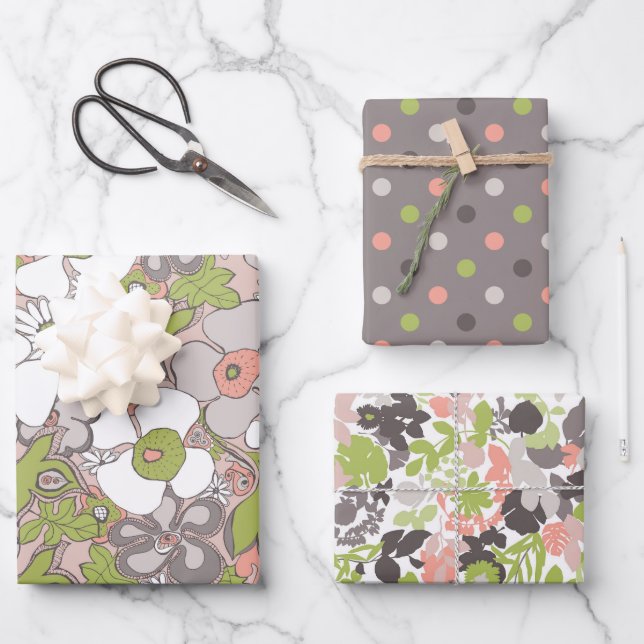 Elegant Patterns Pink Green Taupe Geschenkpapier Set (Vorderseite)