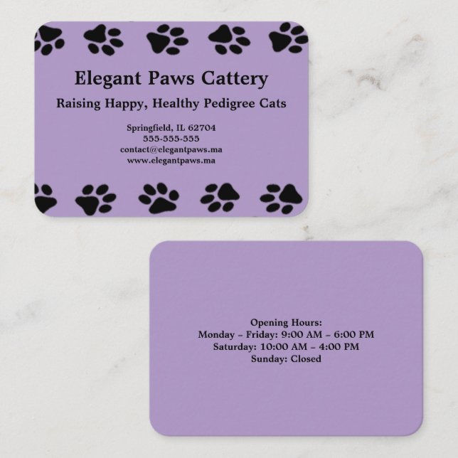 Elegant Paws Cattery Business Card with Paw Print  Visitenkarte (Vorne/Hinten)