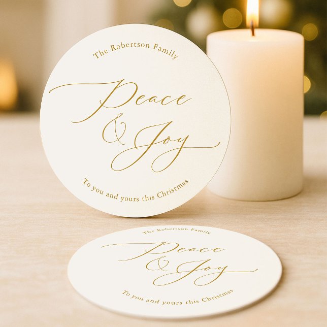 Elegant Peace & Joy Gold Script Christmas Runder Pappuntersetzer (Von Creator hochgeladen)
