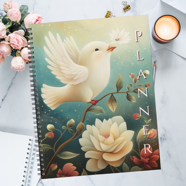 Elegant Peaceful White Dove & Floral  Planer (Monthly undated planner with calming botanical artwork, office supplies that inspire serenity.)