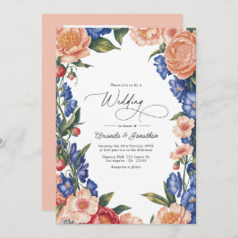 Elegant Peach and Blue Floral Wedding QR Code Einladung