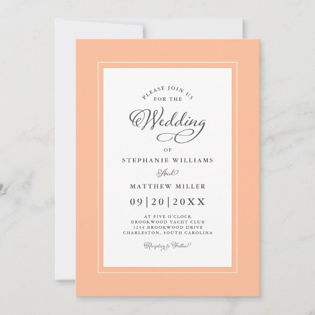 Elegant Peach Chic Modern Calligraphy Wedding Einladung (Vorderseite)