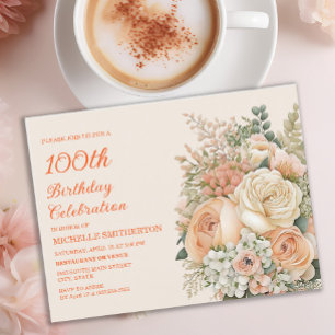 Elegant Peach Cream Colored Floral 100. Geburtstag Einladungspostkarte