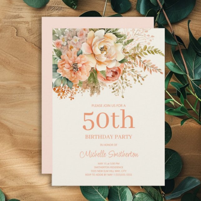 Elegant Peach Cream Floral 50. Geburtstag Einladung (Peach and cream floral 50th birthday party invitation)
