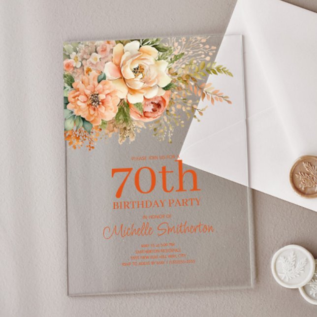 Elegant Peach Cream Floral 70. Geburtstag Acryleinladungen (Peach and cream-colored watercolor floral clear acrylic card.)