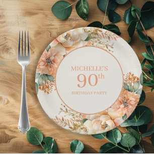 Elegant Peach Cream Floral 90. Geburtstag Pappteller