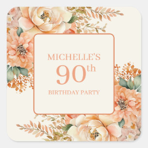 Elegant Peach Cream Floral 90. Geburtstag Quadratischer Aufkleber