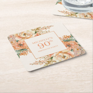 Elegant Peach Cream Floral 90. Geburtstag Rechteckiger Pappuntersetzer
