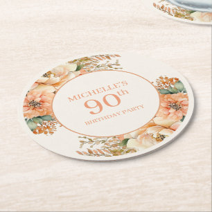 Elegant Peach Cream Floral 90. Geburtstag Runder Pappuntersetzer