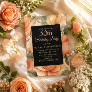 Elegant Peach Floral Black Einladung