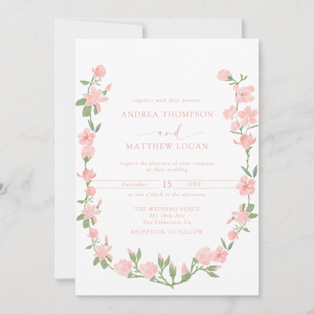 Elegant Peach Floral Botanical Wedding Einladung (Vorderseite)
