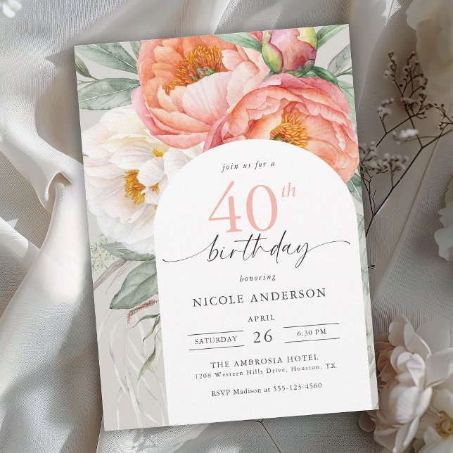 Elegant Peach Floral Feminine 40. Geburtstag Einladung (Available in both printed and instant download digital formats.)