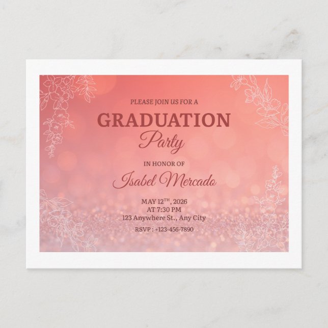 Elegant Peach Floral  Graduation Party  Invitation Postkarte (Vorderseite)