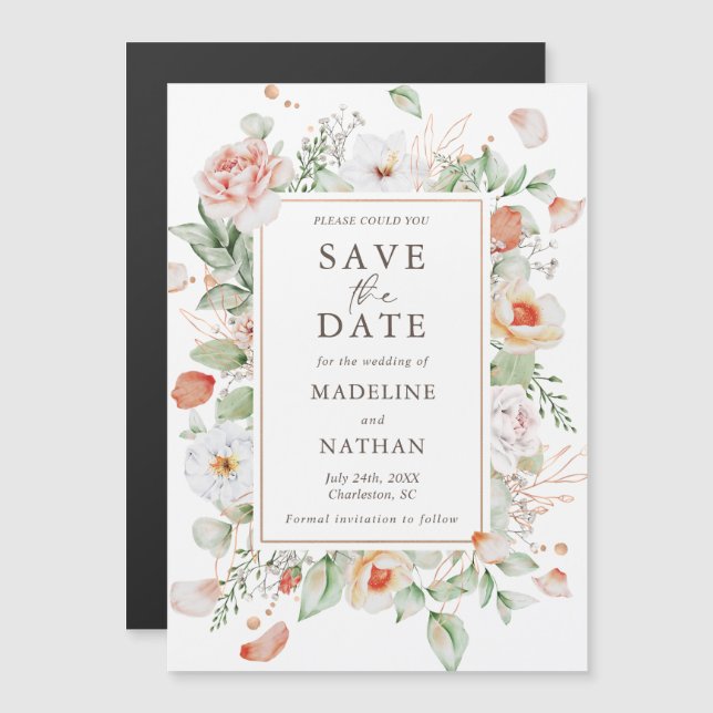Elegant Peach Floral Save the Date Magneteinladung (Vorne/Hinten)