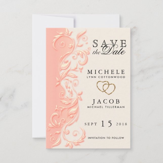 Elegant Peach Floral Swirl Save the Date (Vorderseite)