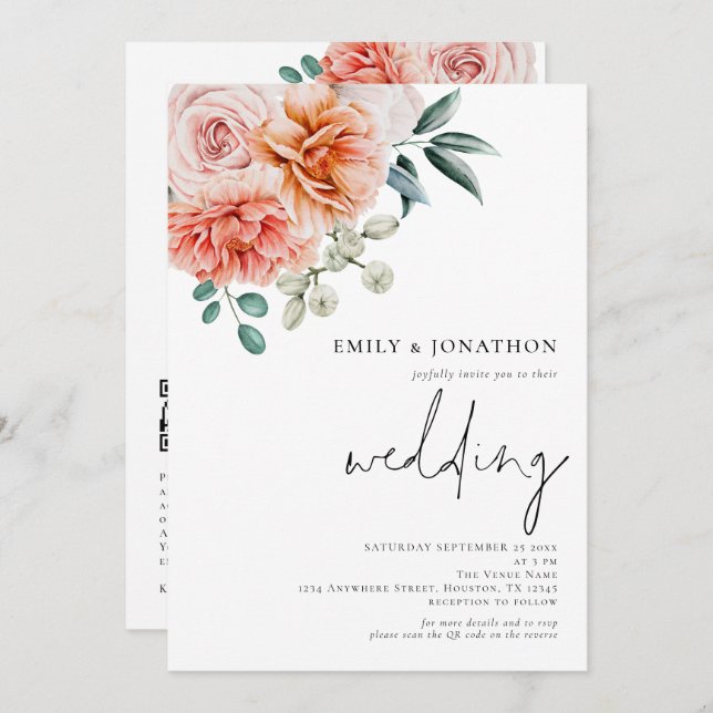 Elegant Peach Florals QR Code Wedding Einladung (Vorne/Hinten)