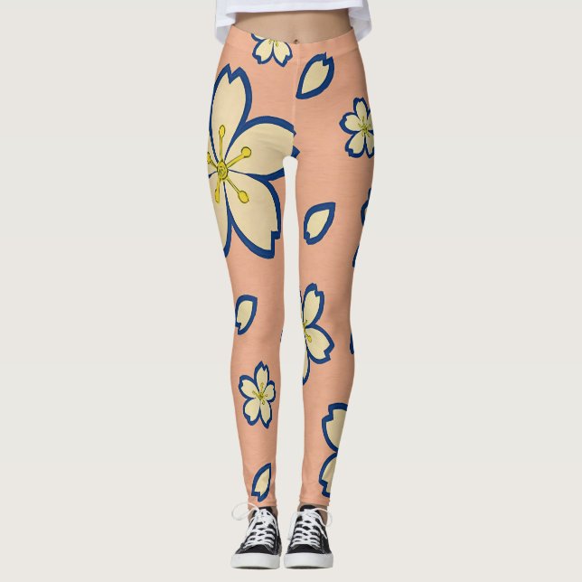 Elegant Peach Kimono – Traditional Japanese Floral Leggings (Vorderseite)