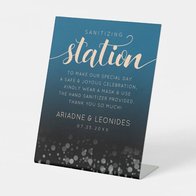 Elegant Peach Oceanic Blue Wedding Sanitizing Sockelschild (Vorderseite)