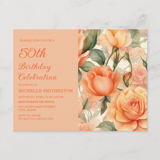 Elegant Peach Orange Rose 50. Geburtstag Einladungspostkarte (Vorderseite)