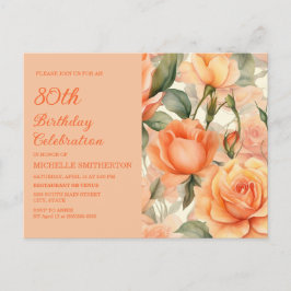 Elegant Peach Orange Rose 80. Geburtstag Einladungspostkarte