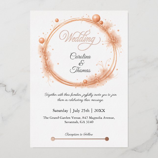 Elegant Peach Sparkle Wedding Script Calligraphy Folieneinladung (Vorderseite)