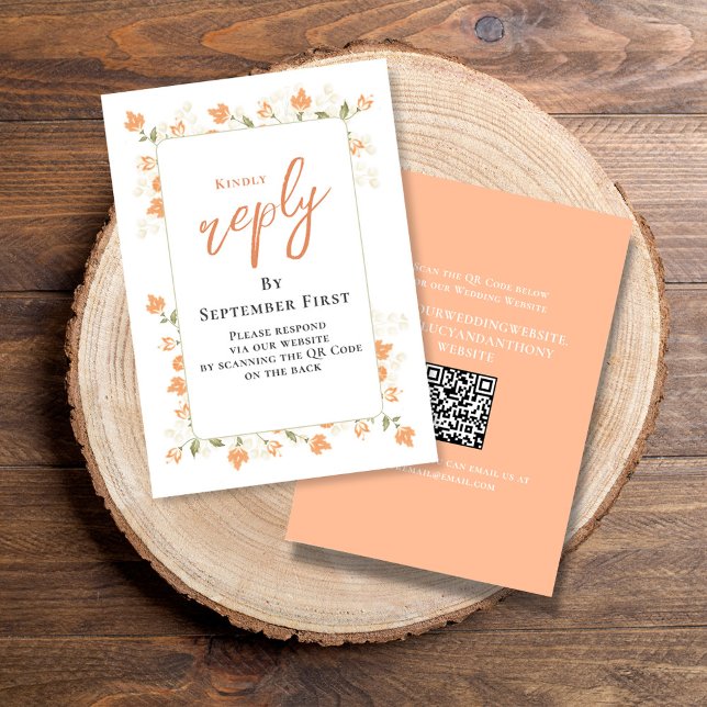 Elegant Peach Wedding RSVP Custom Karte (Simple Wedding reply card with a peach floral design and QR code template.)