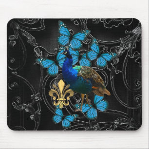 Elegant Peacock and blue butterflies on black Mousepad