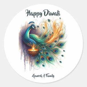 Elegant Peacock Aquarell Diwali Runder Aufkleber
