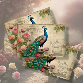 Elegant Peacock Birdcage Floral Ephemera Decoupage Seidenpapier